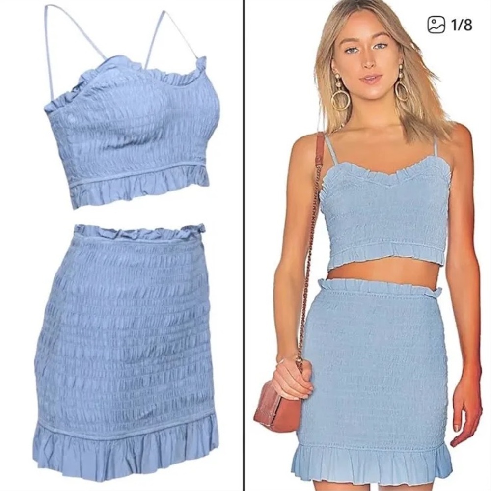 Lovers + Friends Baby Blue Smocked Ruffled Mini Skirt